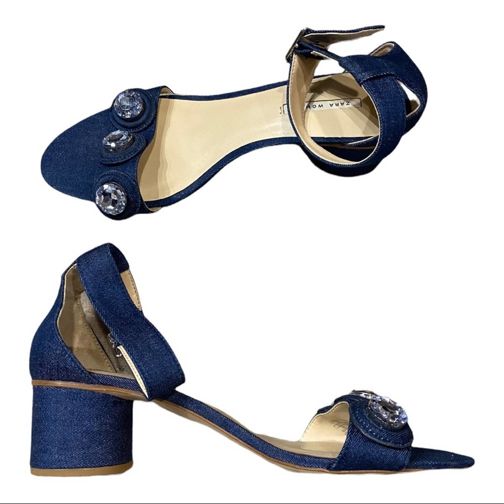 Zara Denim Block Heel Sandals in Navy with Embellished Stones